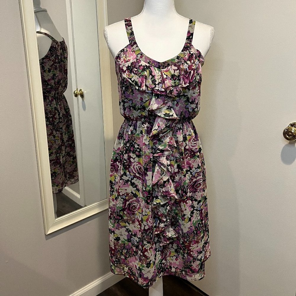Suzi Chin for Maggy Boutique Purple Chiffon Floral Dress with Ruffles, Size 4